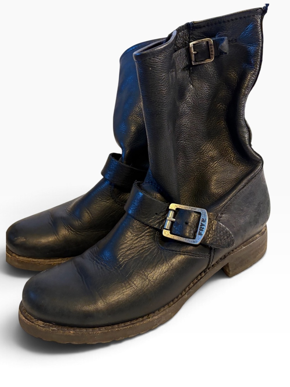 Frye Veronica Short Engineer Boots Womens 7 B Black Leather Buckle Moto Biker